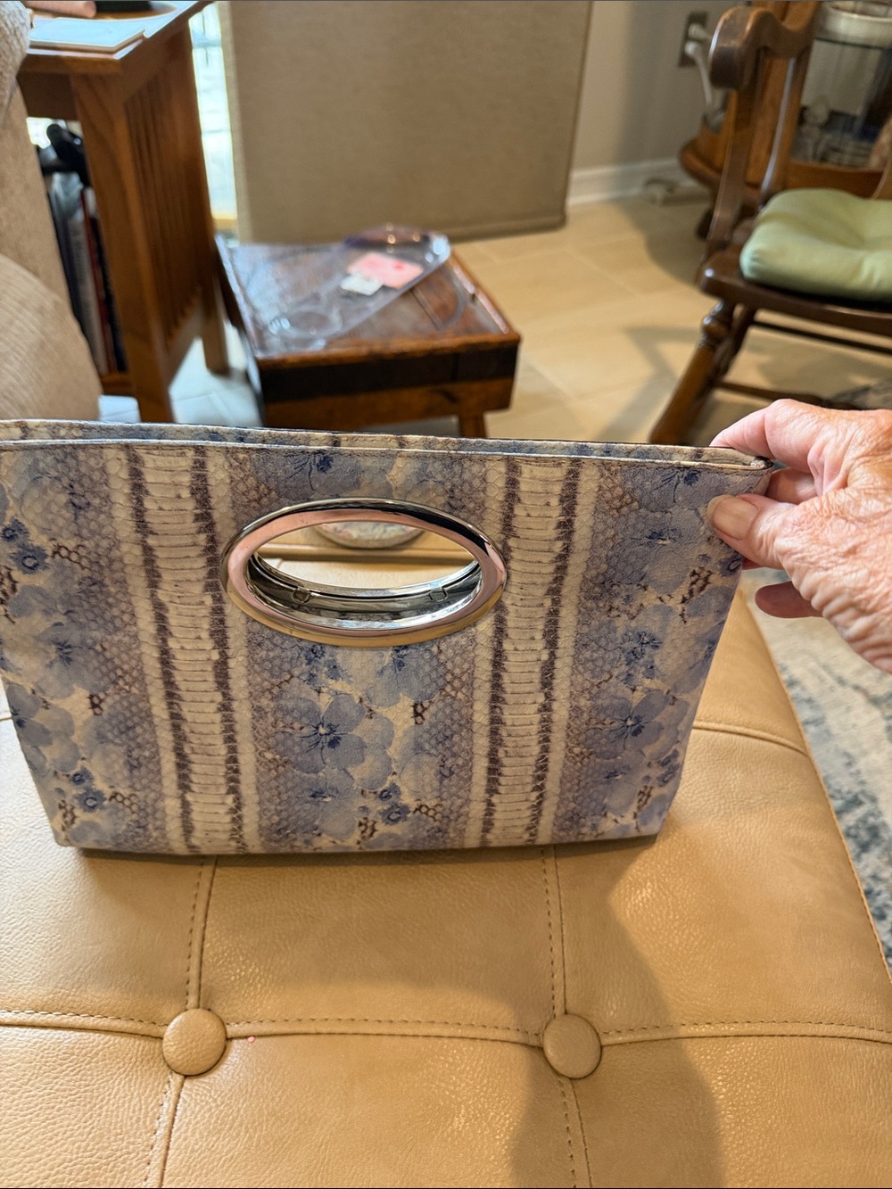 Donald J Pliner 12 x 9 Blue Floral Pattern Handheld Clutch Bag